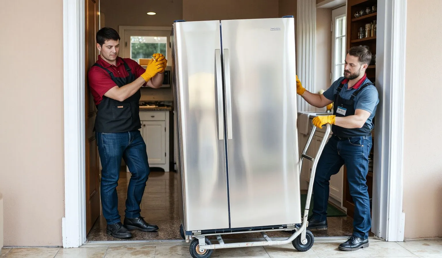 Appliance removal in Homestead FL — crew carrying refrigerator with dolly