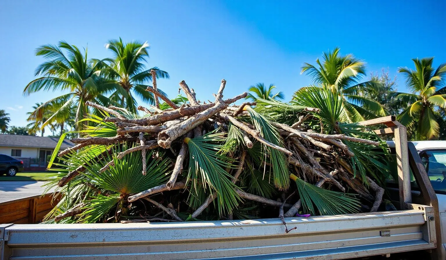 Yard waste removal in Homestead FL — palm fronds and branches hauled away