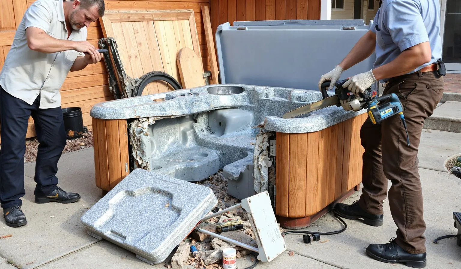 Hot tub removal in Homestead FL — spa being dismantled for hauling